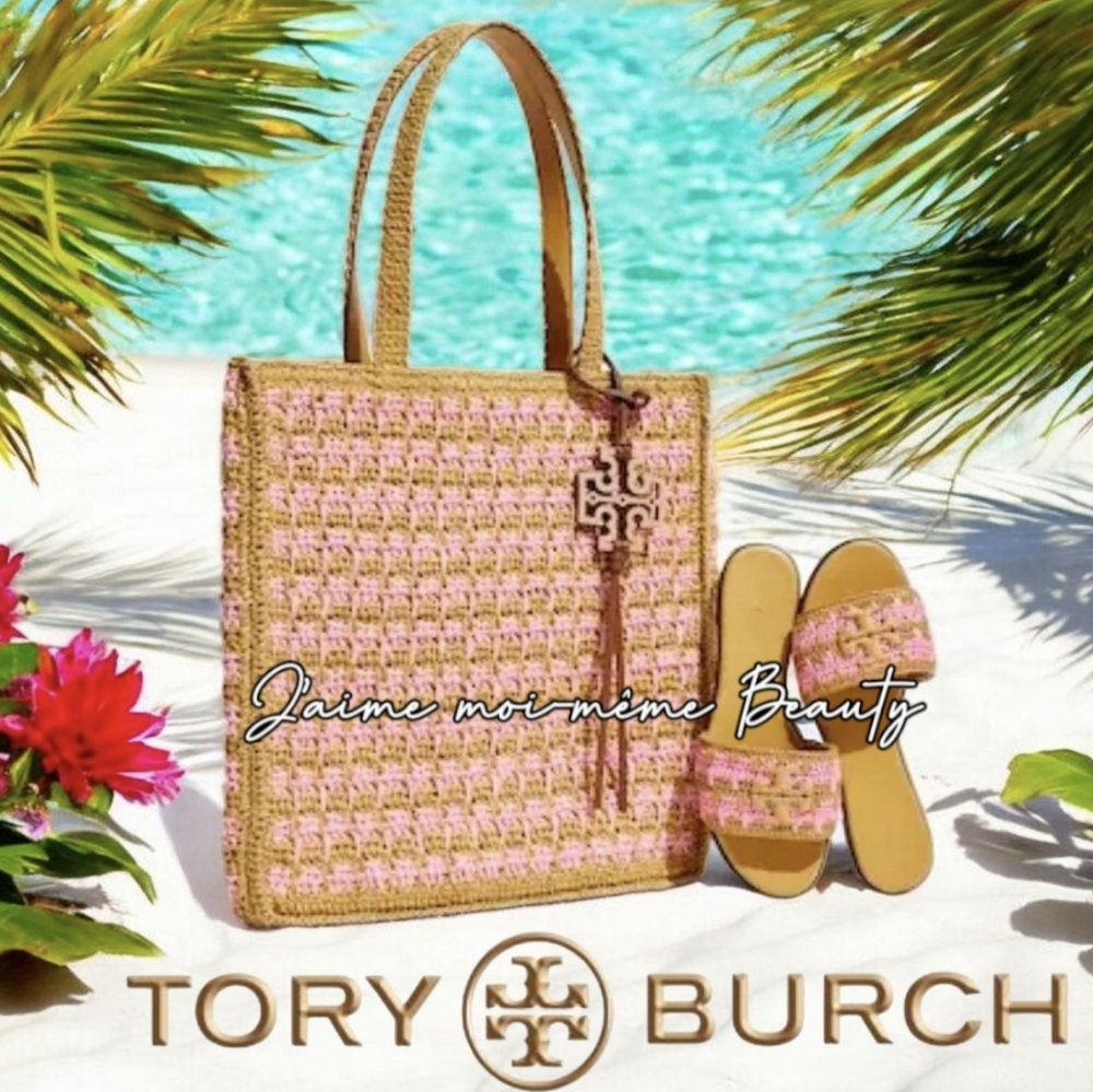 Tory Burch Pink and Tan Raffia Beach Vibes Tote With Matching Logo Bag Charm
